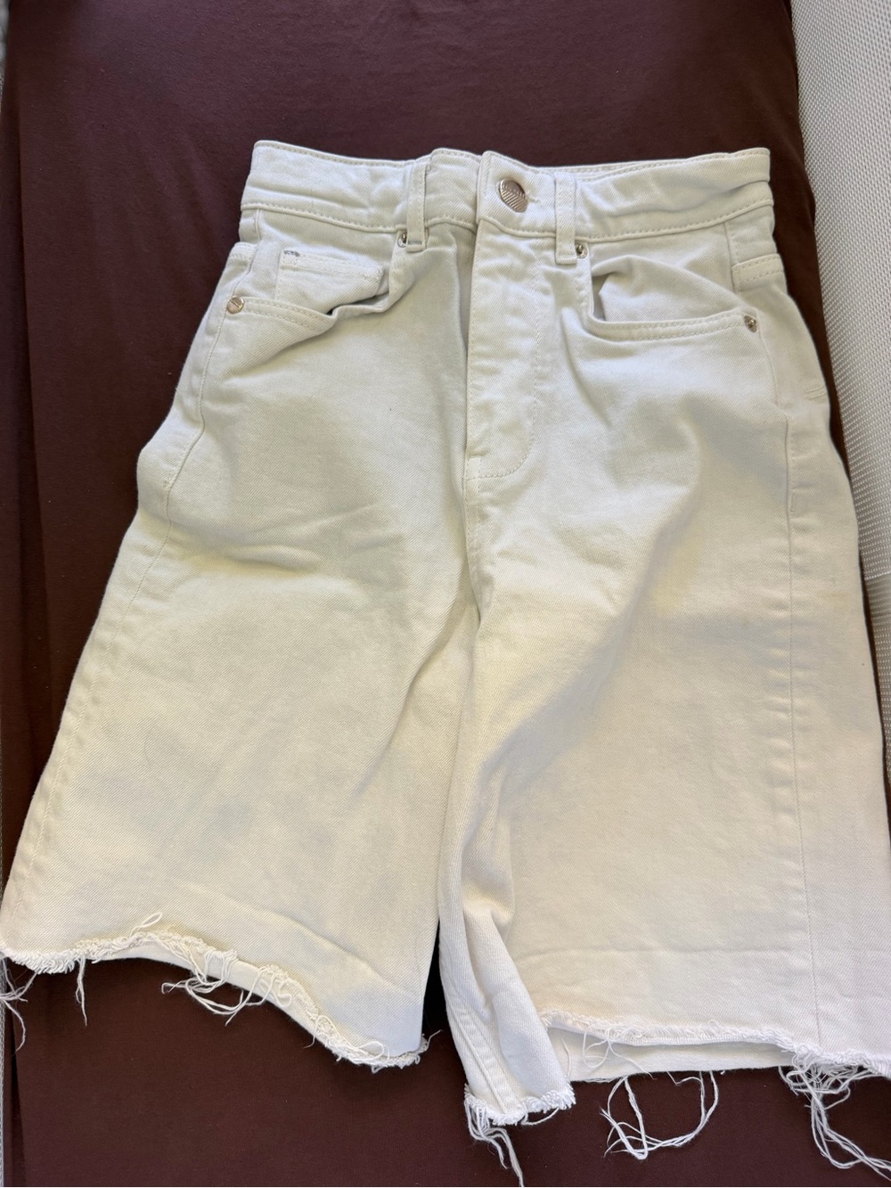 Ted Baker Cream High-Rise Frayed Hem Denim Bermudas